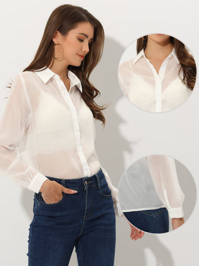 Sheer Button Up Blouse See Through Mesh Long Sleeve Shirt Tops