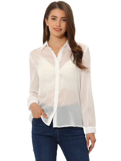Sheer Button Up Blouse See Through Mesh Long Sleeve Shirt Tops