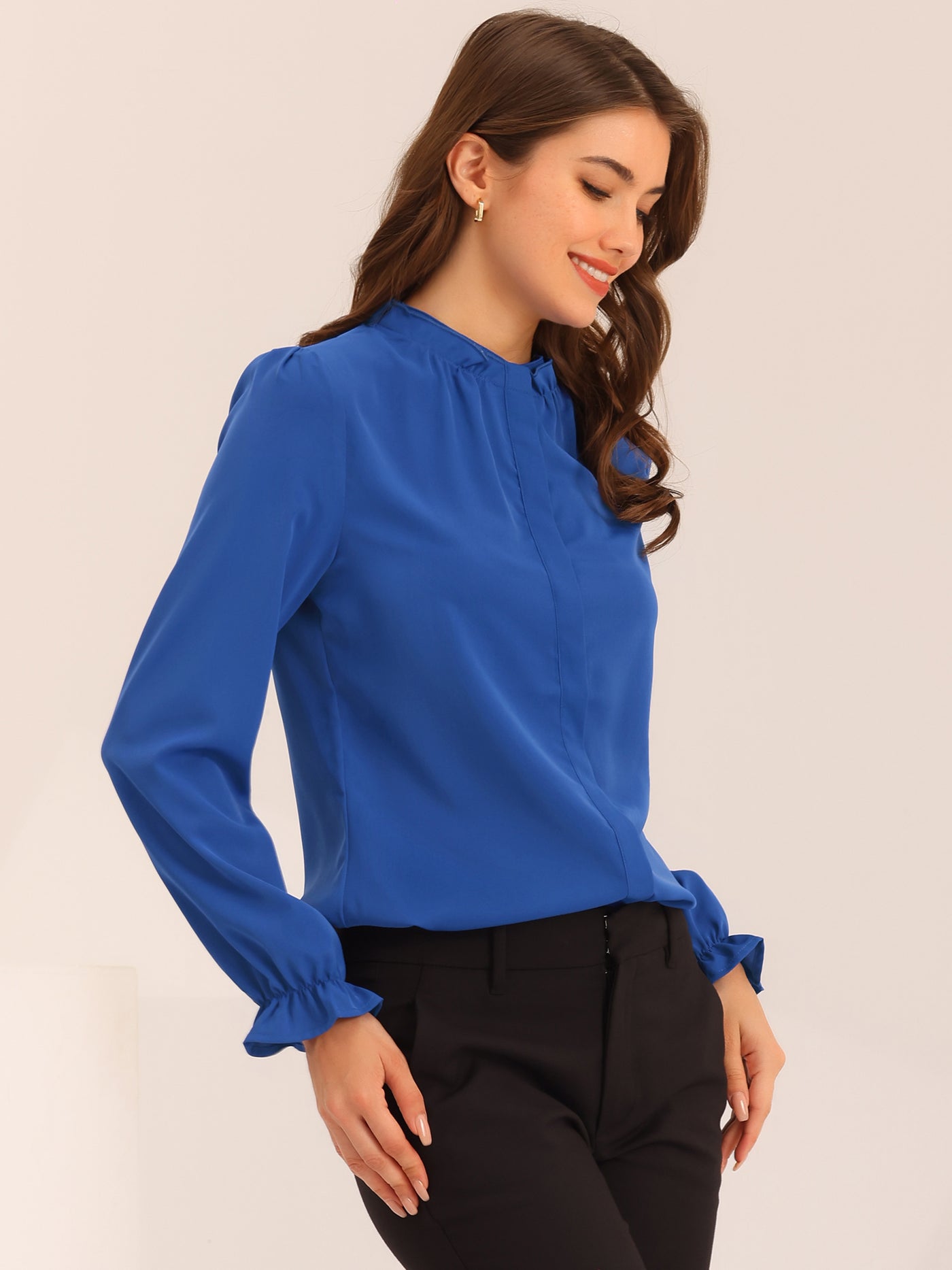 Allegra K Work Office Blouse Button Up Ruffle Collar Long Sleeve Chiffon Shirt