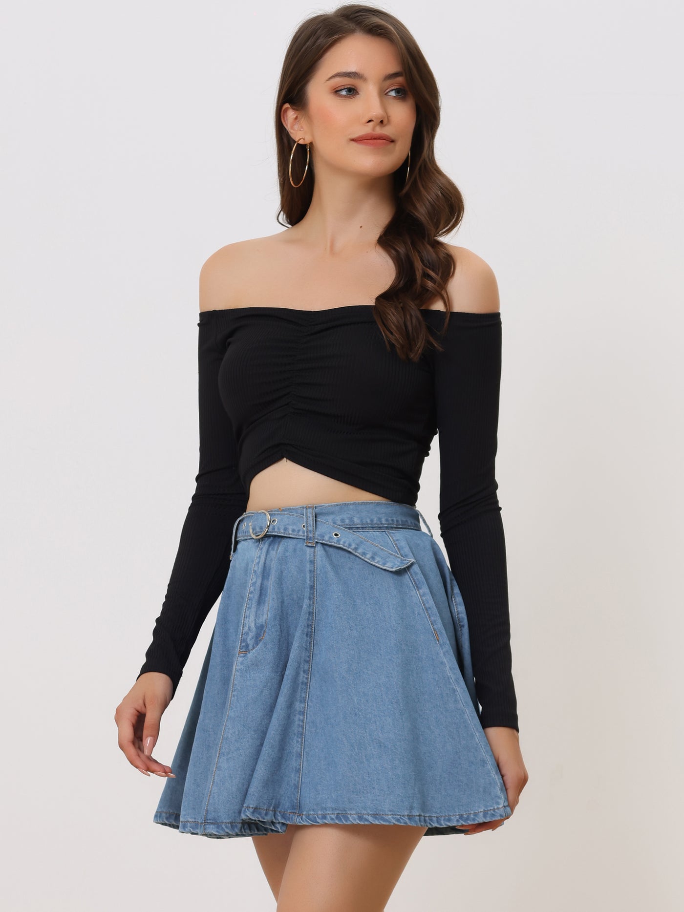 Allegra K Casual Denim Belt High Waist Flared Mini Jean Skirt