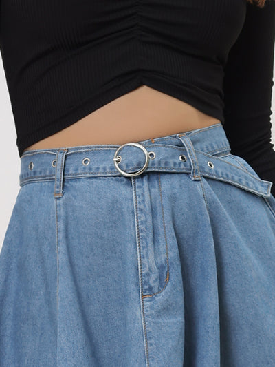 Casual Denim Belt High Waist Flared Mini Jean Skirt