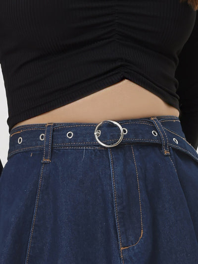 Casual Denim Belt High Waist Flared Mini Jean Skirt
