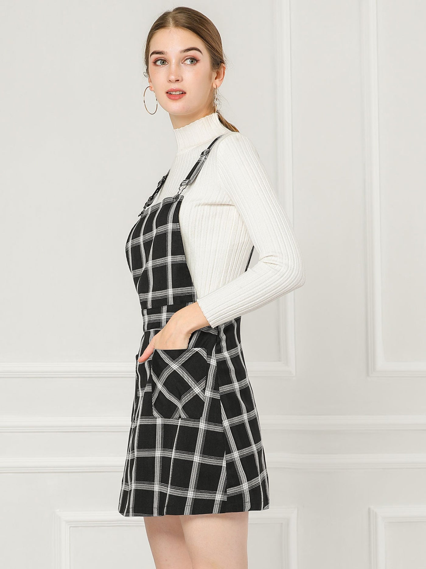 Allegra K Adjustable Strap Above Knee Plaid Printed Overall Suspender Skirt