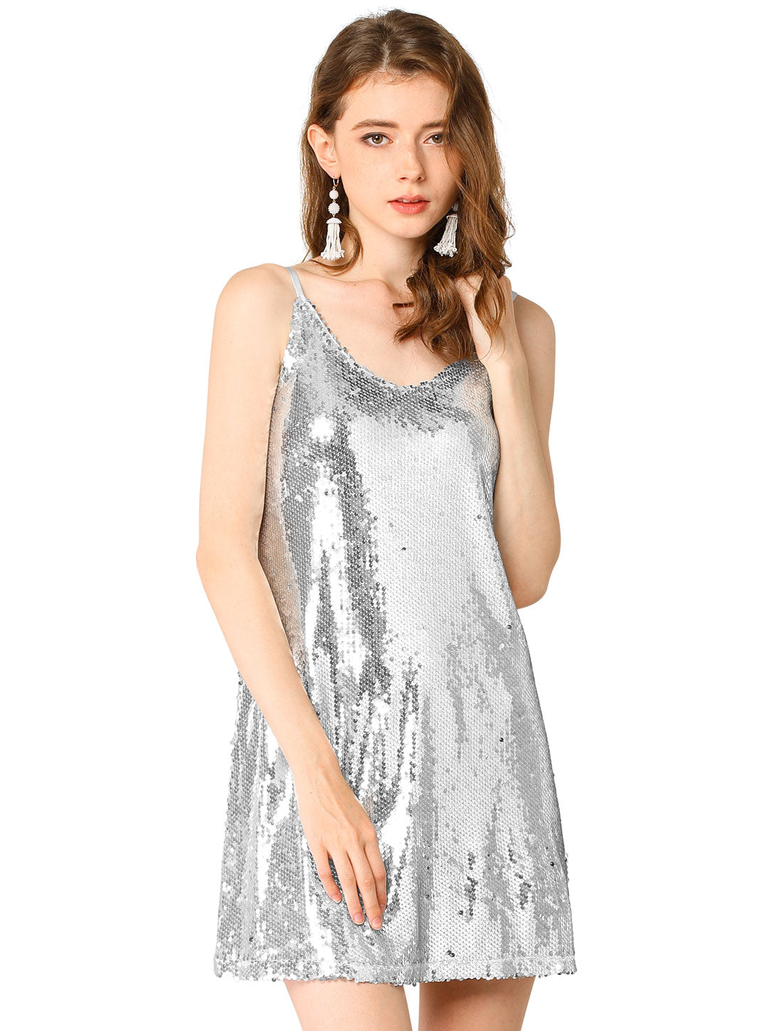 Allegra K Glitter V Neck Spaghetti Strap Clubwear Mini Party Dress