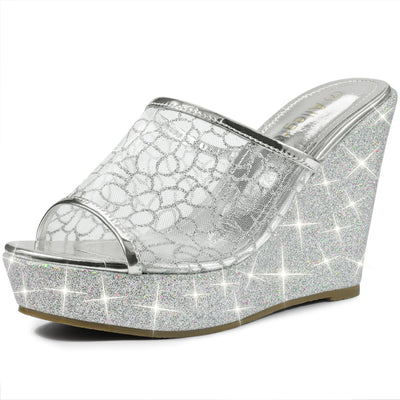 Glitter Platform Heel Slide Wedge Sandals