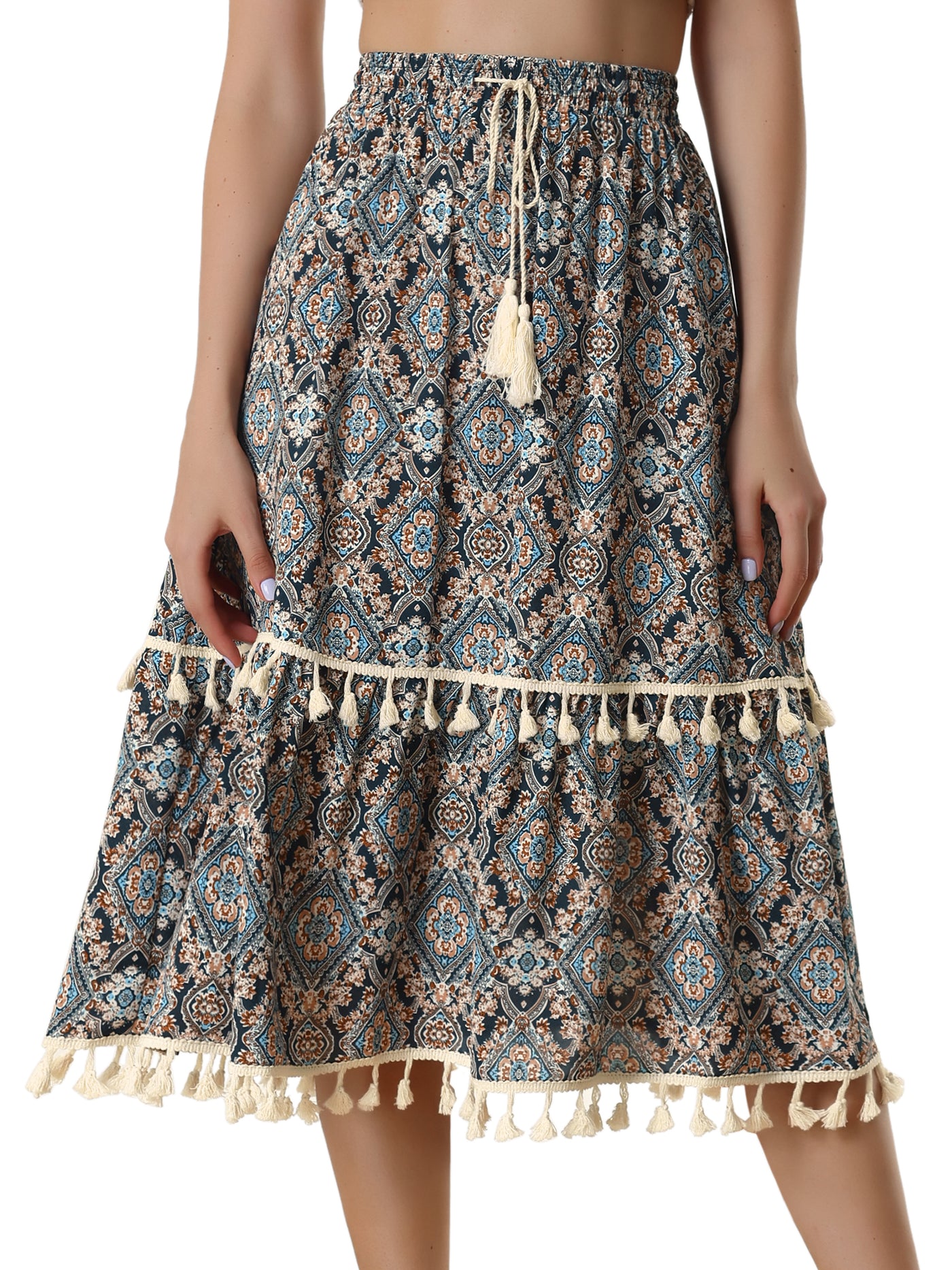 Allegra K Women's Tiered Midi Skirts Elastic Waist Tassel Fringe Boho Skirt