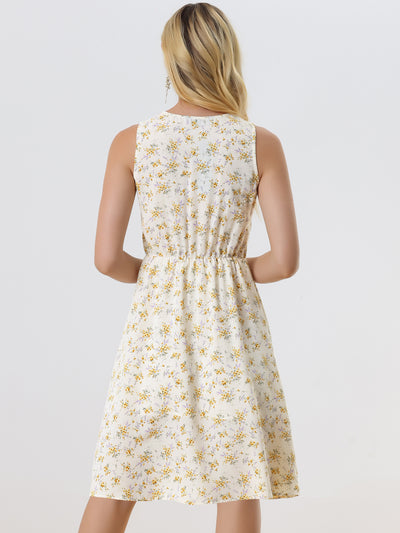 Floral Drawstring Waist Sleeveless A-Line Midi Dress Sundress