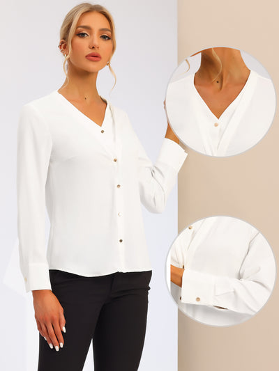Classic Office Blouse V Neck Long Sleeve Button Down Shirt