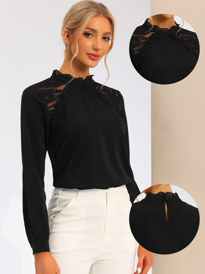 Elegant Long Sleeve Lace Panel Stand Collar Blouse