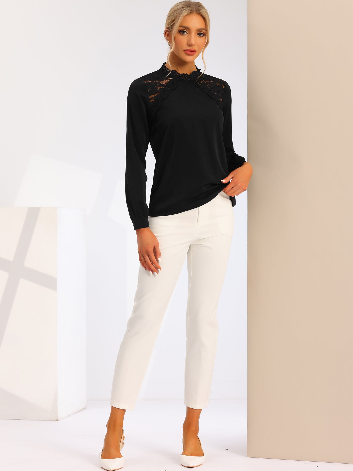 Allegra K Elegant Long Sleeve Lace Panel Stand Collar Blouse