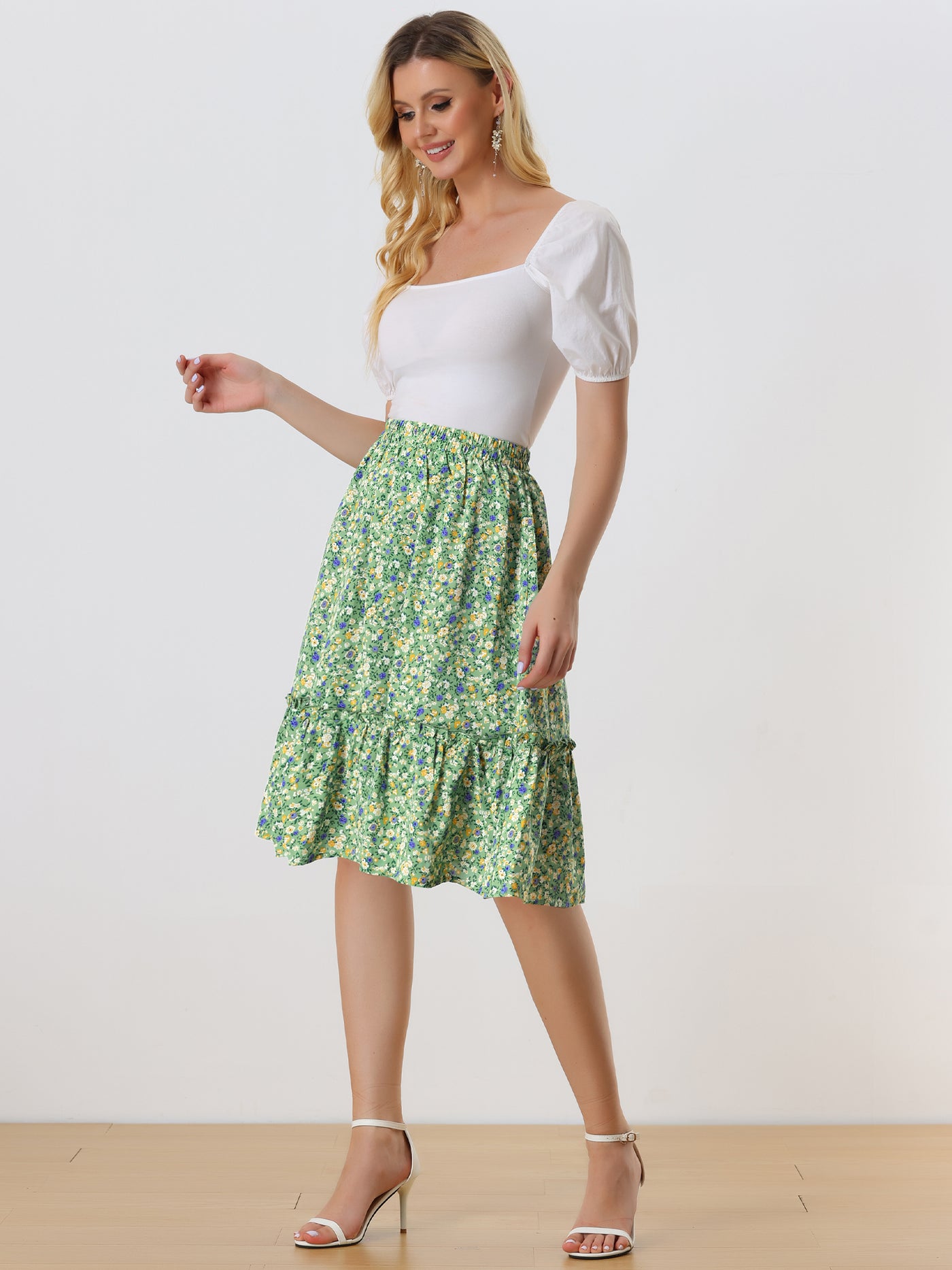 Allegra K Ruffle Hem Elastic Waist Flowy A-Line Swing Floral Midi Skirt
