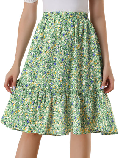 Ruffle Hem Elastic Waist Flowy A-Line Swing Floral Midi Skirt