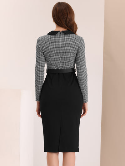 Long Sleeve Contrast Placket Houndstooth Print Bodycon Dress