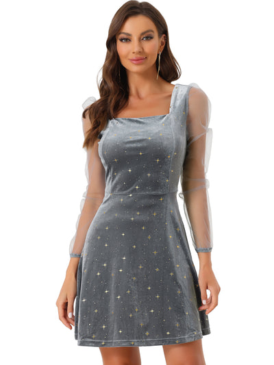 Puff Long Sleeve Square Neck Glitter Star Mini Velvet Dress