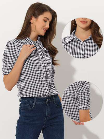 Plaid Blouse Bow Tie Neck Puff Short Sleeve Gingham Shirt Top