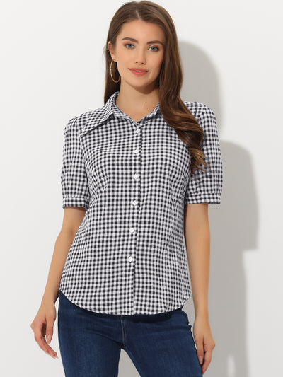 Allegra K Plaid Blouse for Bow Tie Neck Puff Short Sleeve Gingham Shirt Top