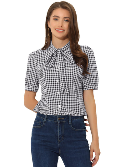 Plaid Blouse Bow Tie Neck Puff Short Sleeve Gingham Shirt Top