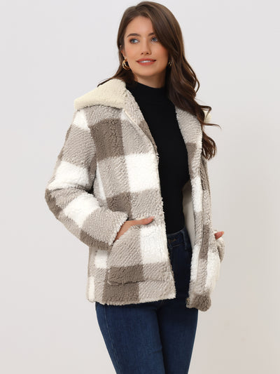 Causal Plaid Coat Lapel Collar Zip Up Faux Fur Winter Jacket