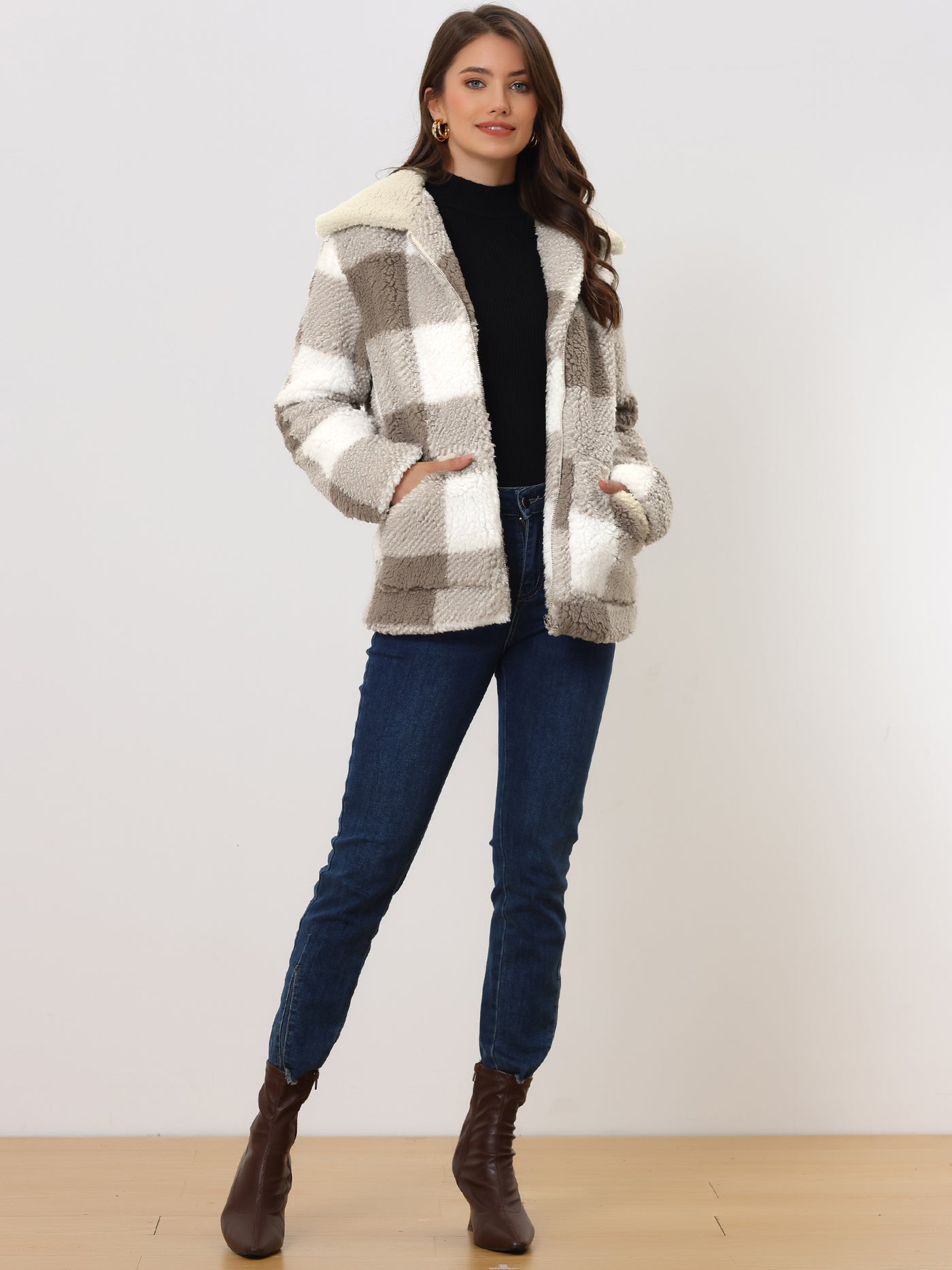 Allegra K Causal Plaid Coat Lapel Collar Zip Up Faux Fur Winter Jacket