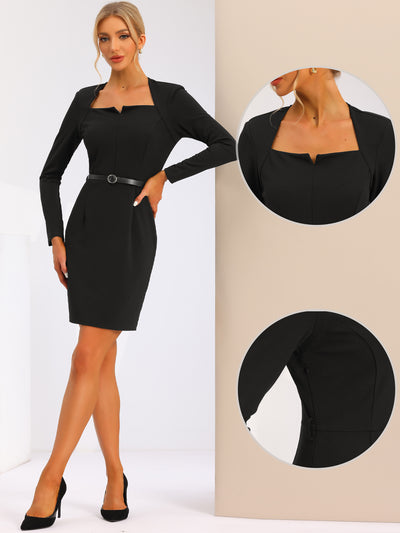 Elegant Office Square Neck Belted Bodycon Pencil Dress