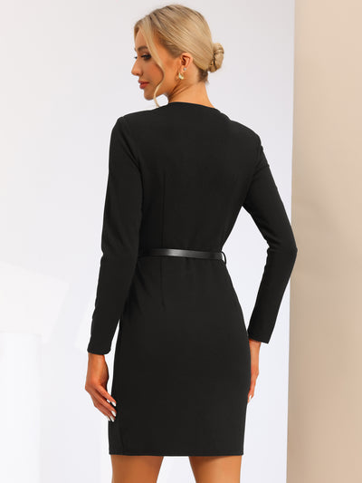 Elegant Office Square Neck Belted Bodycon Pencil Dress