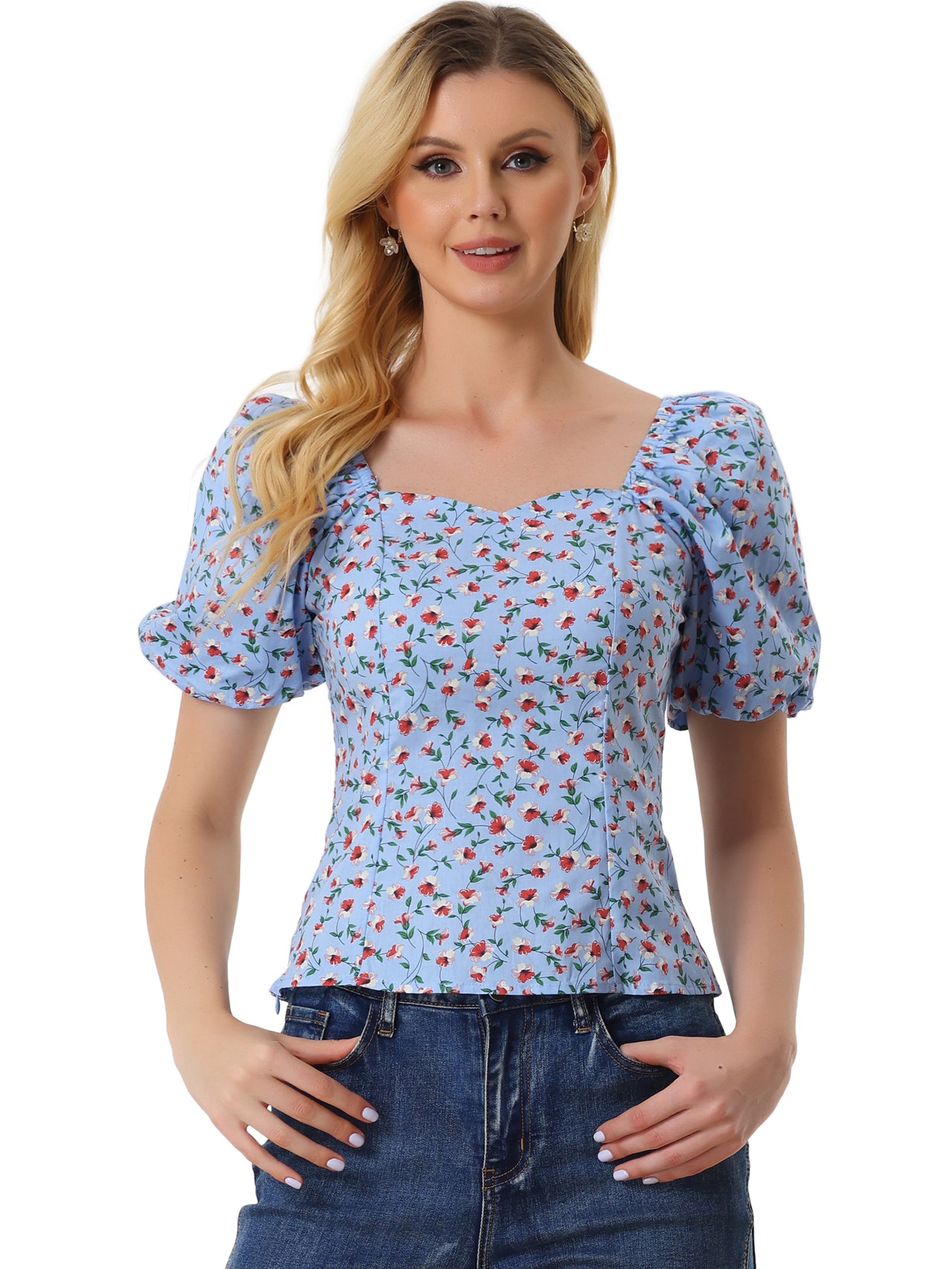 Allegra K Puff Sleeve Square Neck Peasant Floral Blouse Top