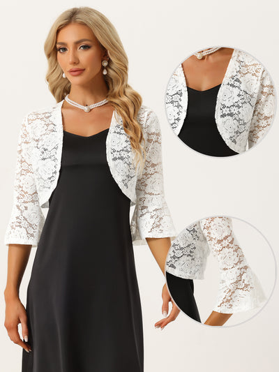 Floral Lace Cardigan Bell Sleeves Open Front Elegant Cropped Shrug Tops