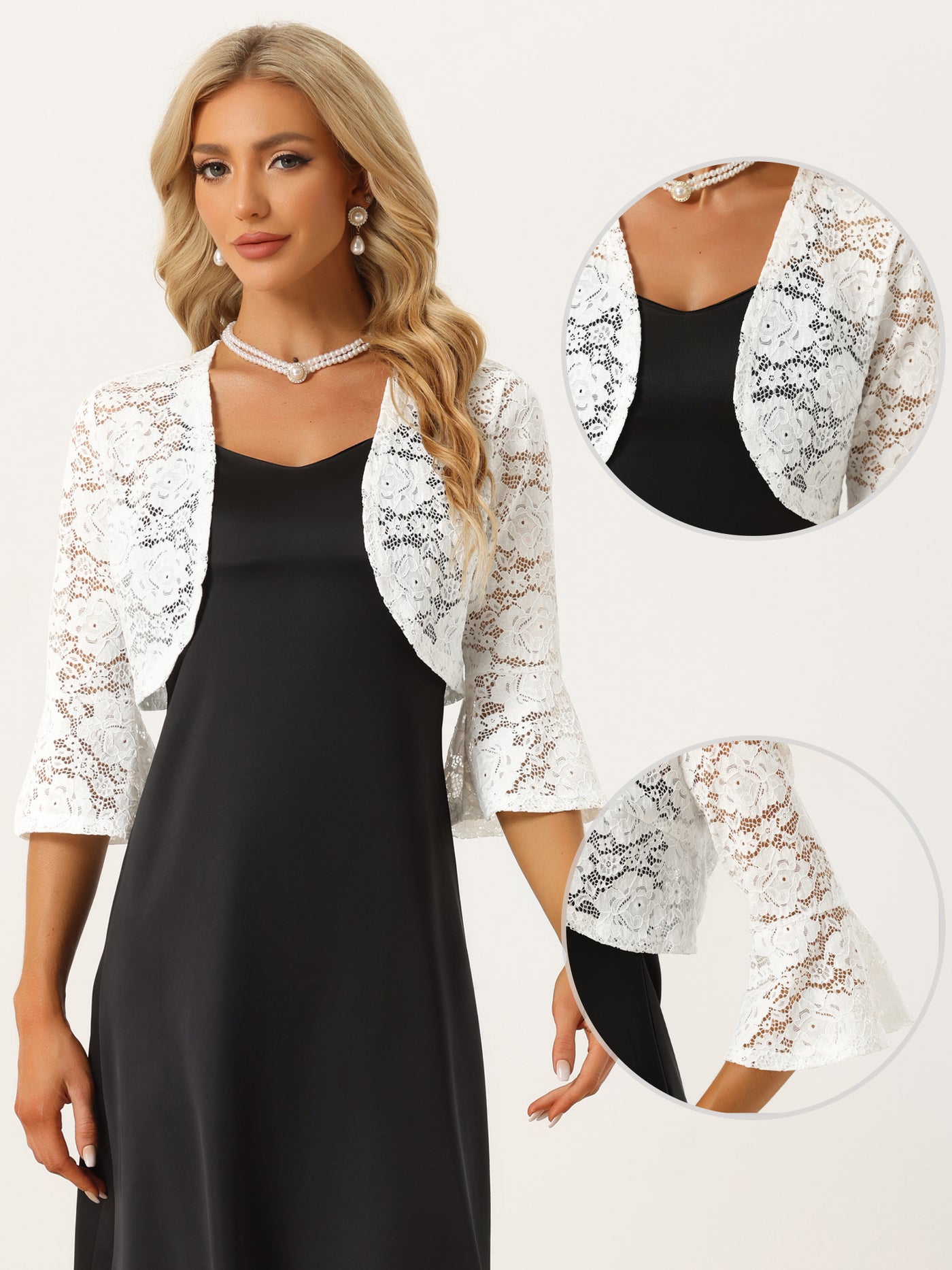 Allegra K Floral Lace Cardigan Bell Sleeves Open Front Elegant Cropped Shrug Tops