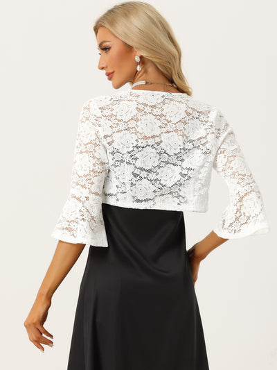 Floral Lace Cardigan Bell Sleeves Open Front Elegant Cropped Shrug Tops