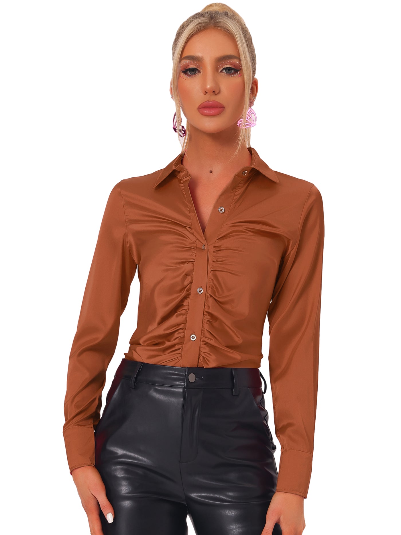 Allegra K Women's Satin Blouse Long Sleeve Point Collar Fashion Button Up Shirt