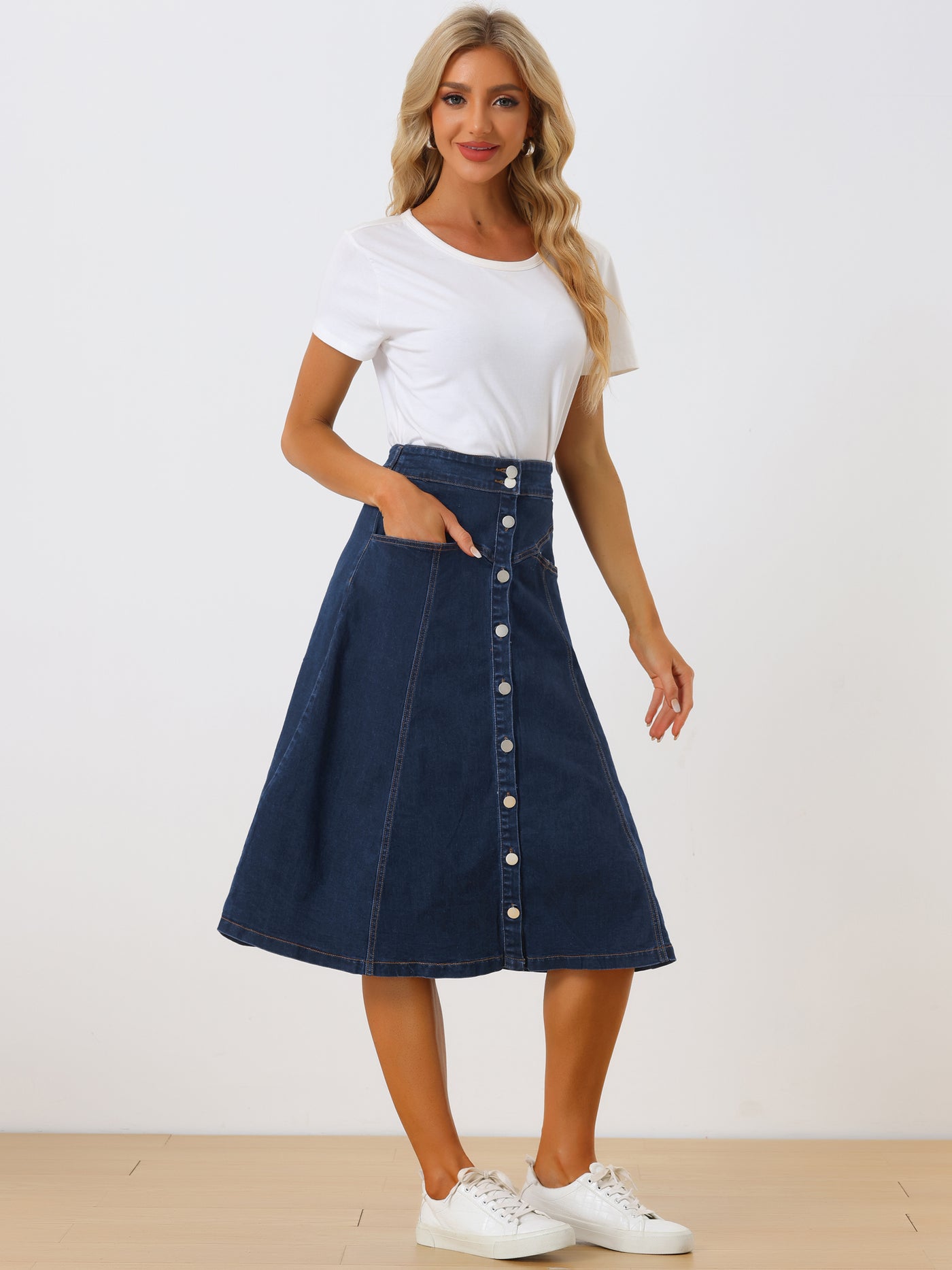 Allegra K Womens' Stretchy High Waist Buttons Front A-Line Flowy Midi Skirts with Pockets
