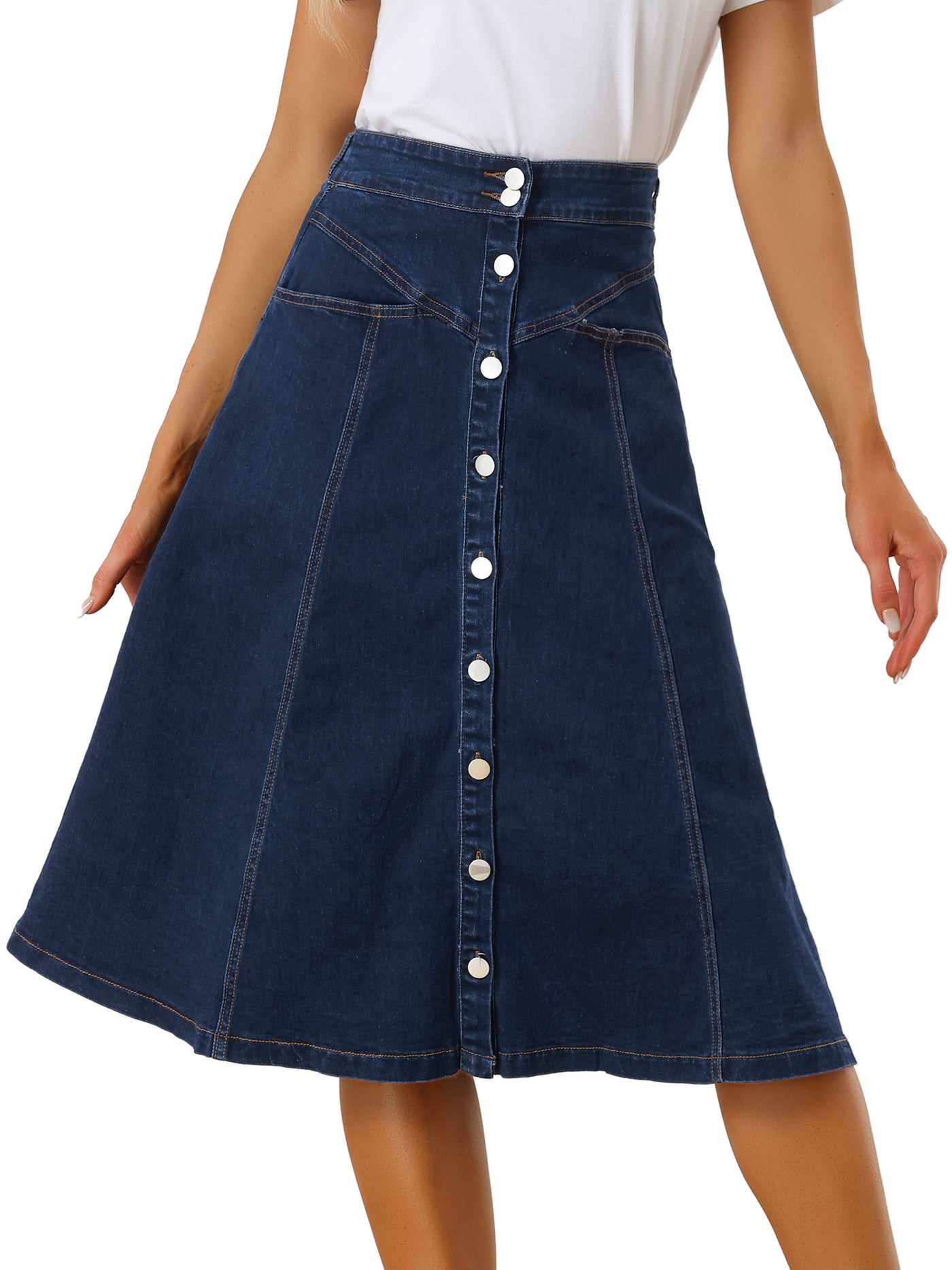 Allegra K Womens' Stretchy High Waist Buttons Front A-Line Flowy Midi Skirts with Pockets