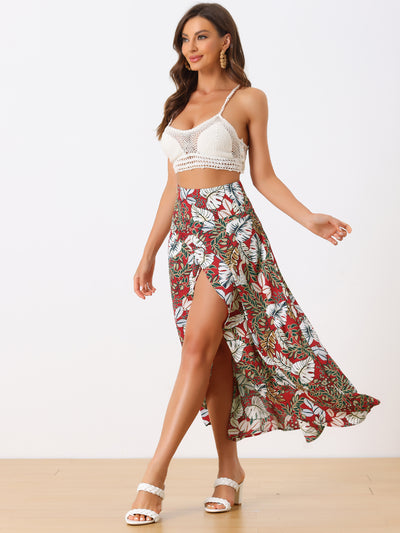Allegra K Tropical Skirts for Women's Smocked Waist High Low Flowy Maxi Skirt