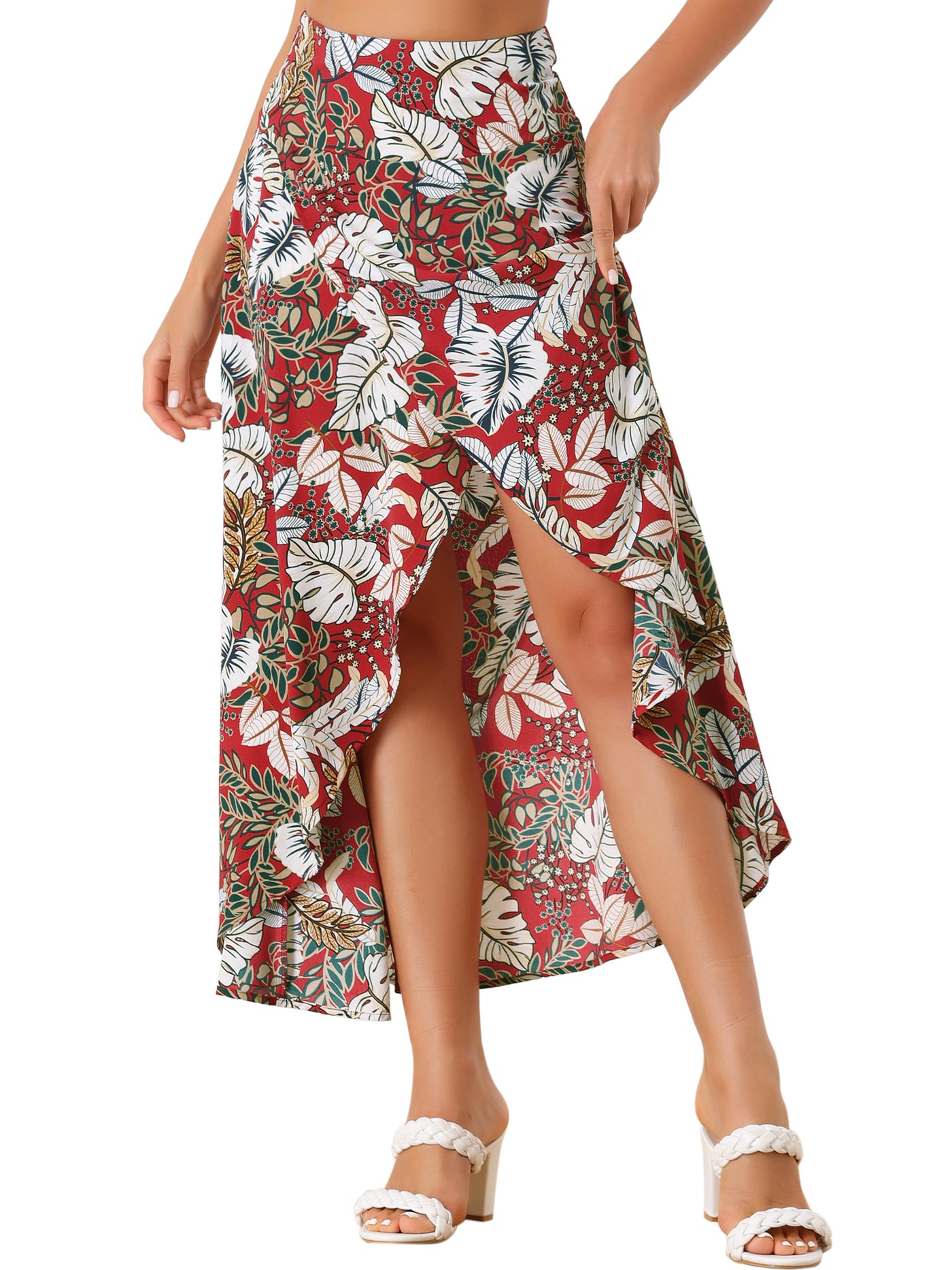 Allegra K Tropical Smocked Waist High Low Flowy Maxi Skirt
