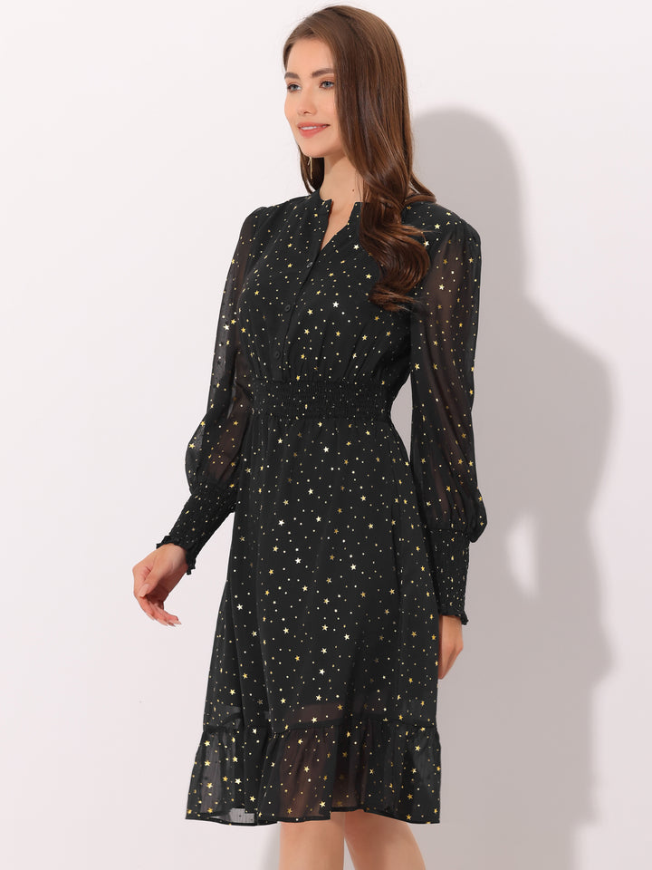 Metallic Star V Neck Button Up Smocked Chiffon Dress, Black / M