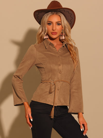 Faux Suede Point Collar Casual Button Down Long Sleeve Blouse