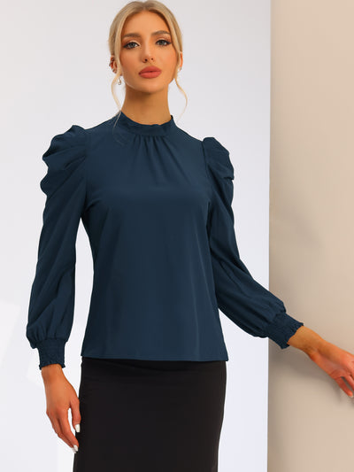 Allegra K Office Elegant Stand Collar Long Puff Sleeve Shirt