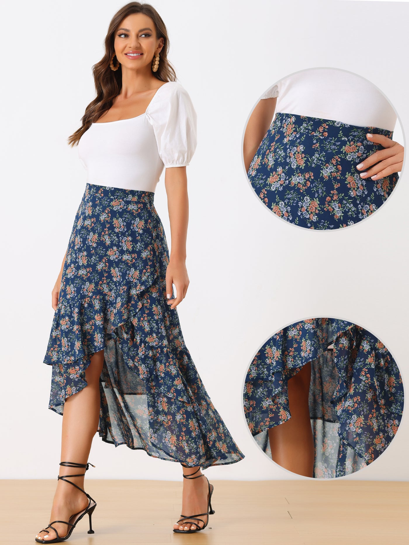 Allegra K Asymmetrical Ruffle Wrap Tiered Chiffon Floral Skirt