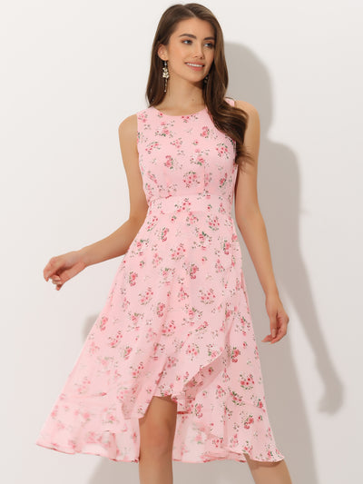 Summer Wrap Ruffle High Low Hem Round Neck Sleeveless Floral Dress