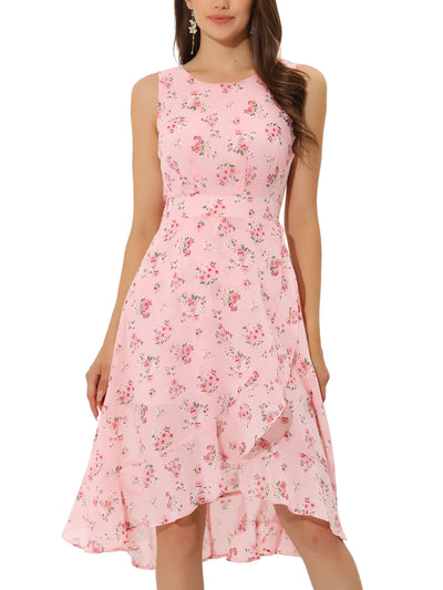 Summer Wrap Ruffle High Low Hem Round Neck Sleeveless Floral Dress