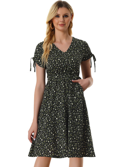 Casual V Neck Tie Cuffs Belted Floral Pocketed Short Sleeve Dress