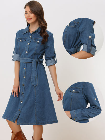 Denim Button Down Long Sleeve Belted Classic Jean Shirt Dress