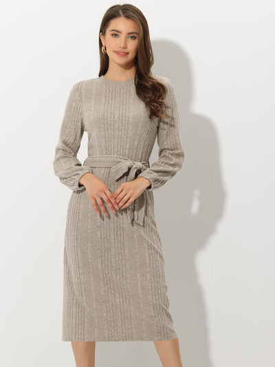 Ribbed Long Sleeve Knit Tie Waist Knee Length Sweater Dress
