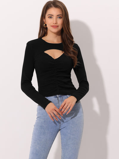 Allegra K Sexy Long Sleeve Cut Out Front Stretch Ruched Knit T-Shirt
