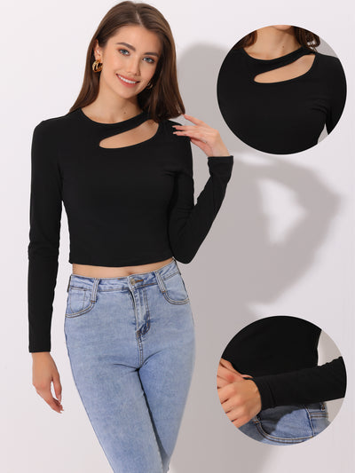 Long Sleeve Casual Cut Out Slim Fitted Basic Crop Tee Tops