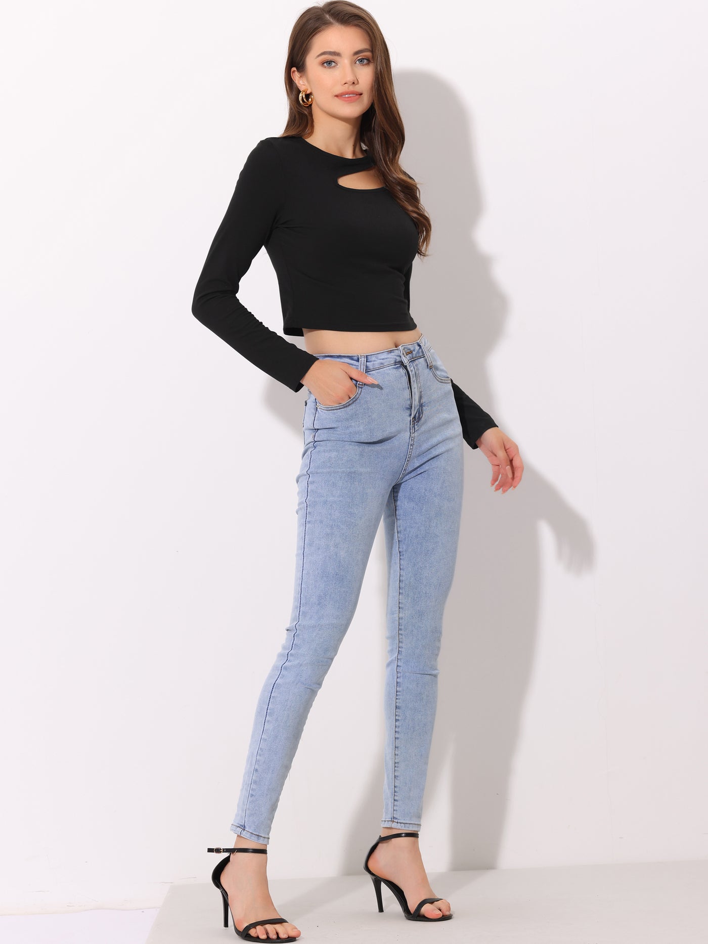 Allegra K Long Sleeve Casual Cut Out Slim Fitted Basic Crop Tee Tops