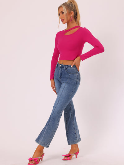 Allegra K Long Sleeve Casual Cut Out Slim Fitted Basic Crop Tee Tops