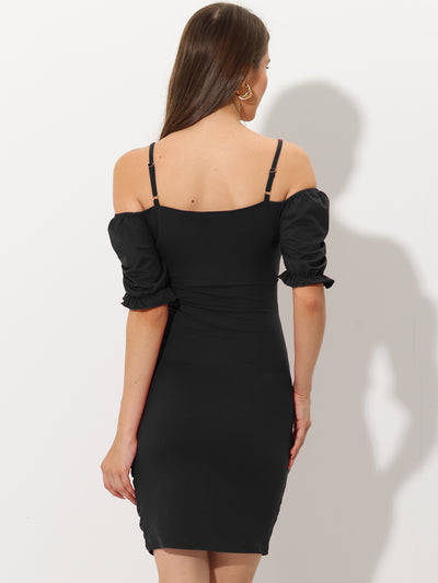Halter Ruched Mini Square Neck Short Sleeve Sexy Bodycon Dress