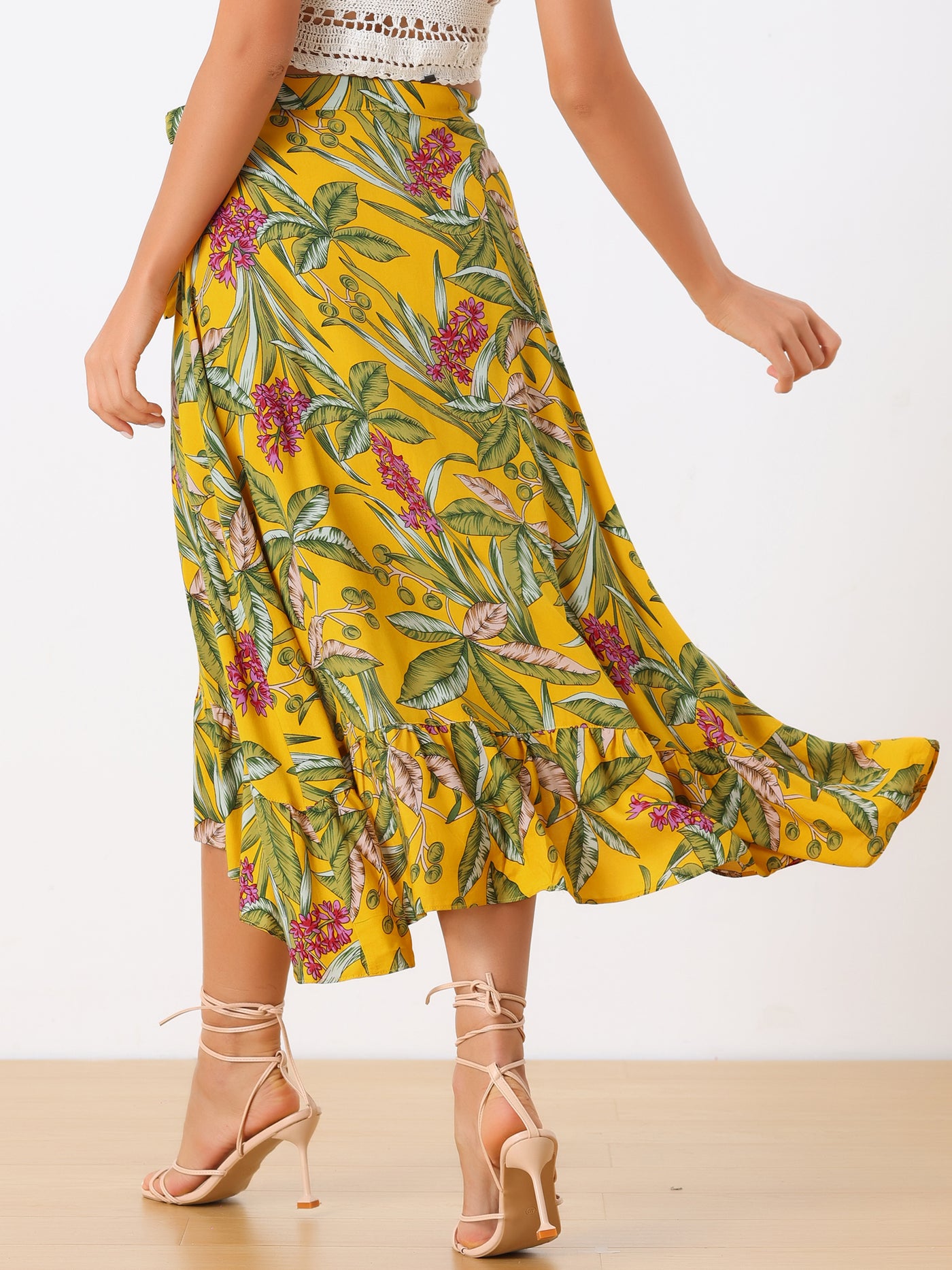 Allegra K Women's Tropical Floral Print Ruffle Self Tie Knot Split Beach Wrap Midi Skirt