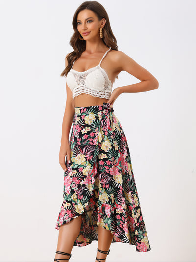 Women's Tropical Floral Print Ruffle Self Tie Knot Split Beach Wrap Midi Skirt